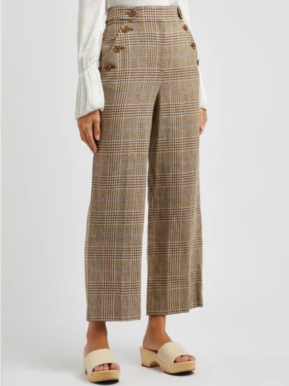 Veronica Beard Hunter Plaid Wide Leg Cropped Linen Blend Pants Size 31